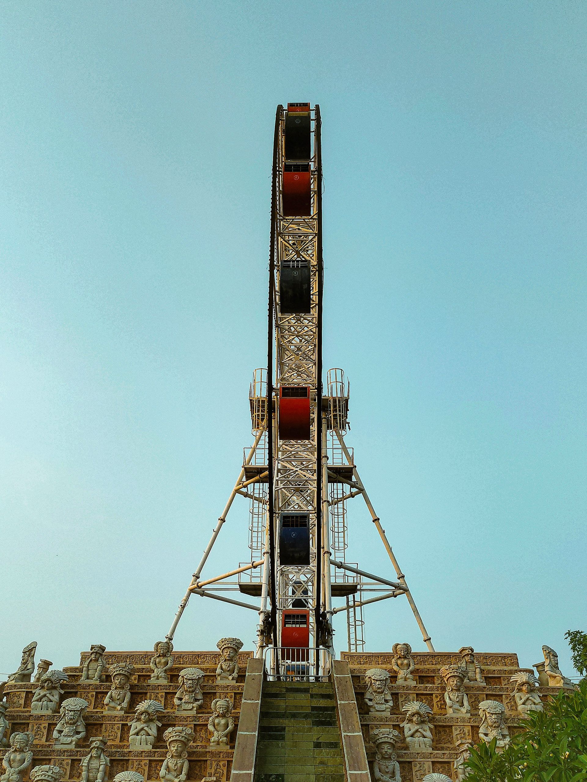 A tall Ferris wheel against a clear blue sky