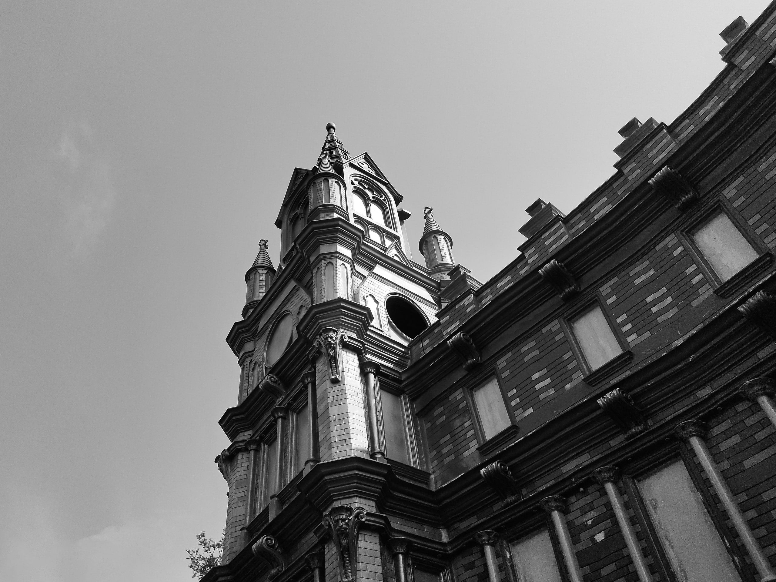 Black and white low angle of an ornate heritage building